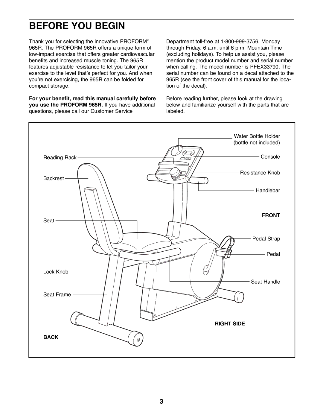 ProForm PFEX33790 user manual Before YOU Begin, Front, Right Side, Back 