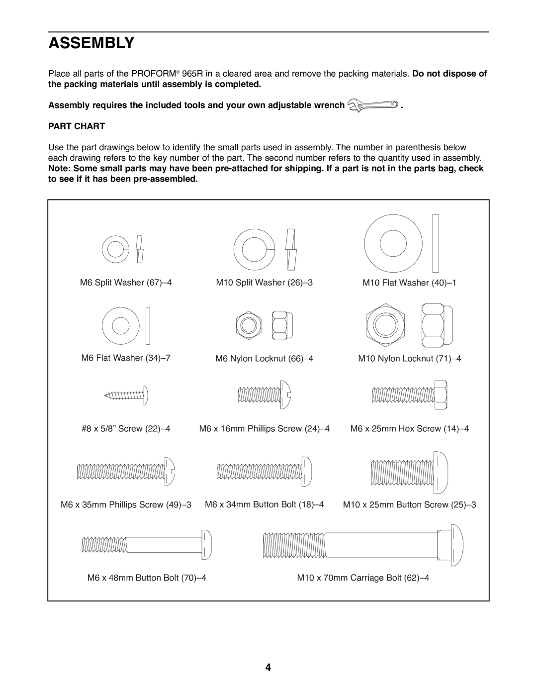 ProForm PFEX33790 user manual Assembly, Part Chart 