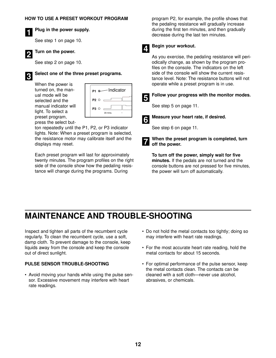 ProForm PFEX34310 Maintenance and TROUBLE-SHOOTING, HOW to USE a Preset Workout Program, Pulse Sensor TROUBLE-SHOOTING 