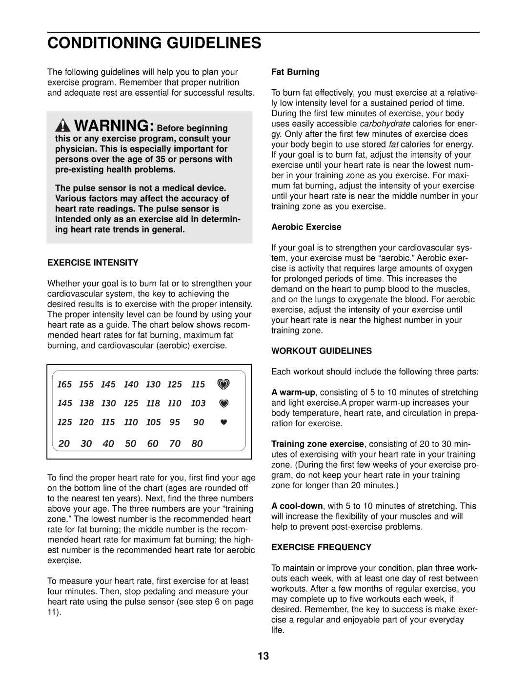 ProForm PFEX34310 user manual Conditioning Guidelines, Exercise Intensity, Workout Guidelines, Exercise Frequency 