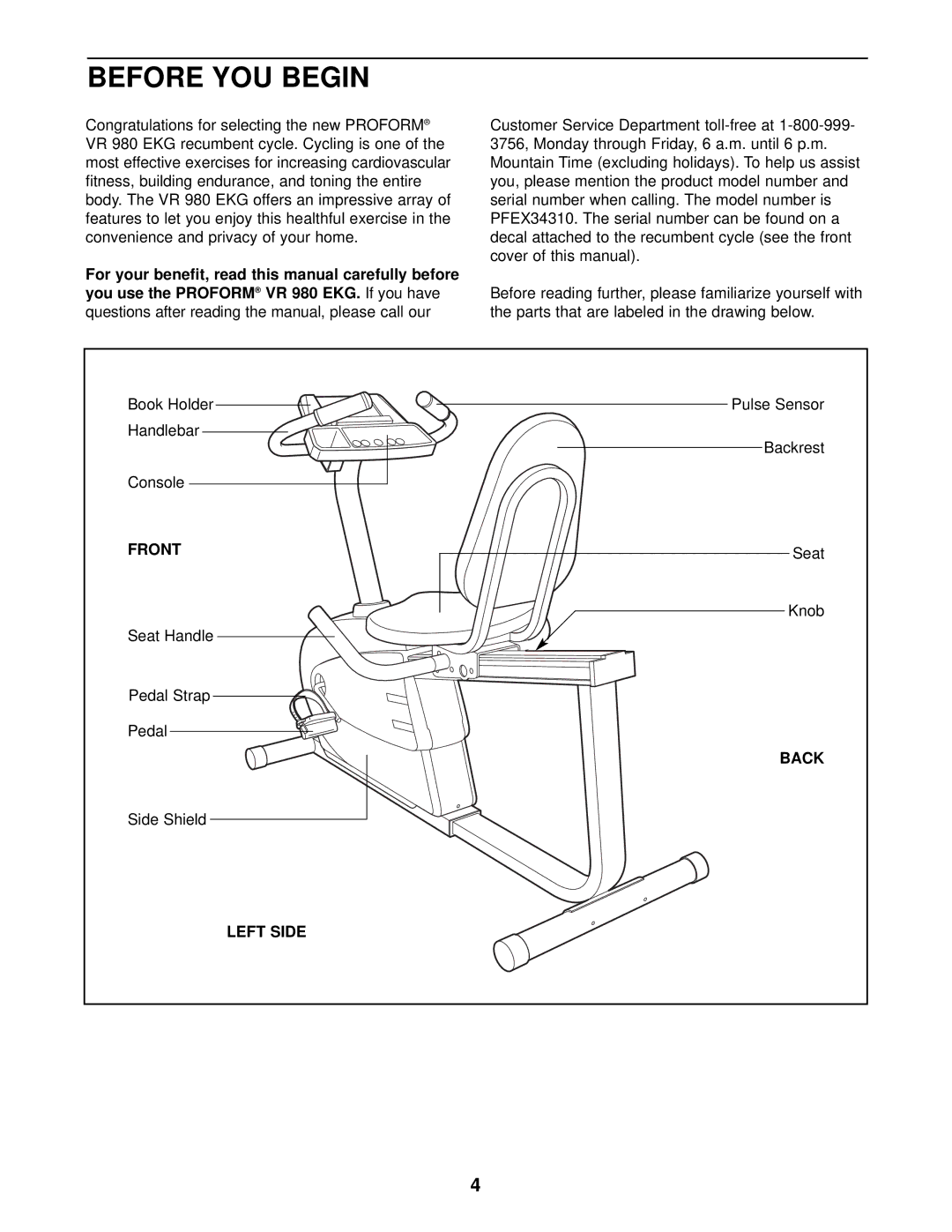 ProForm PFEX34310 user manual Before YOU Begin, Front, Back, Left Side 