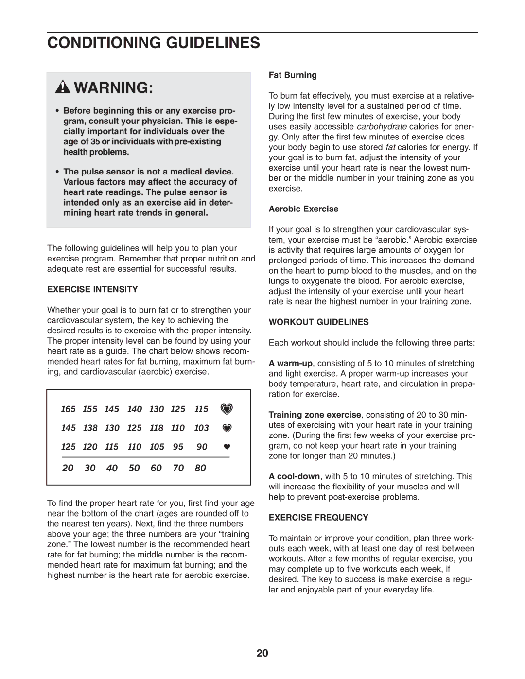 ProForm PFEX35430 user manual Conditioning Guidelines, Exercise Intensity, Workout Guidelines, Exercise Frequency 