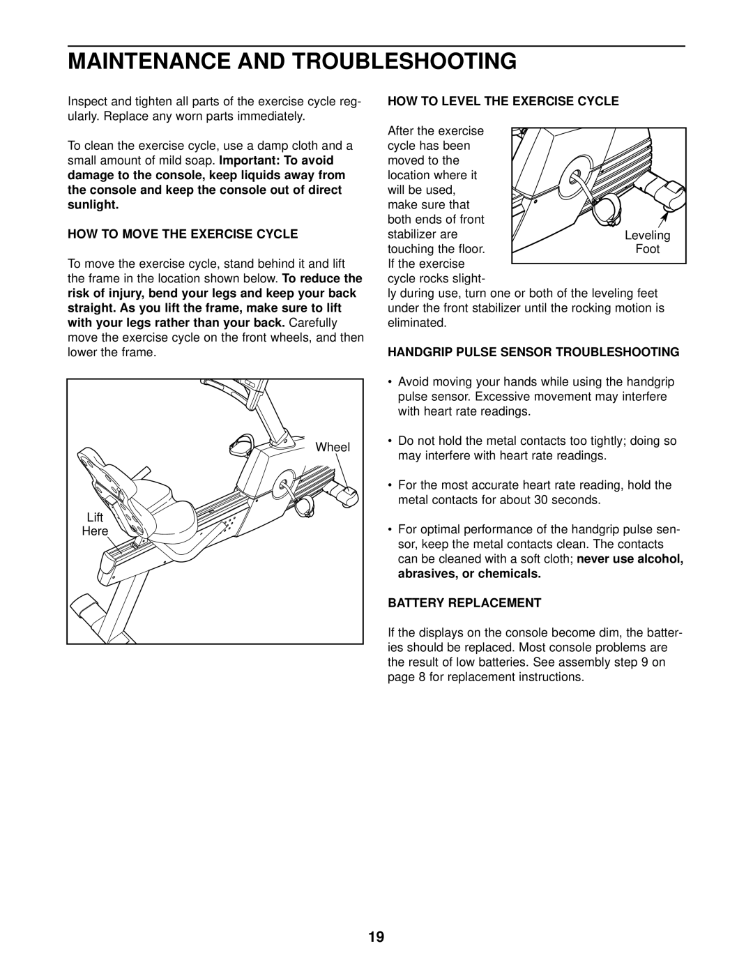 ProForm PFEX38440 Maintenance and Troubleshooting, HOW to Move the Exercise Cycle, HOW to Level the Exercise Cycle 