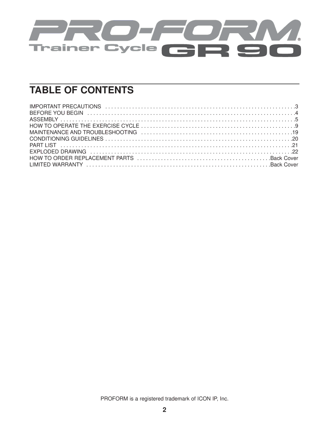 ProForm PFEX38440 user manual Table of Contents 