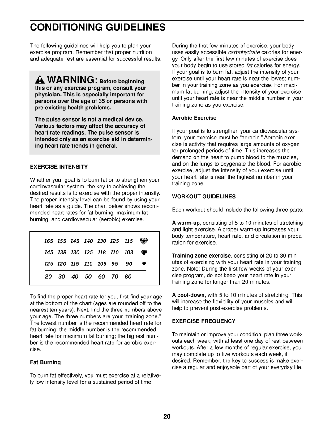 ProForm PFEX38440 user manual Conditioning Guidelines, Exercise Intensity, Workout Guidelines, Exercise Frequency 