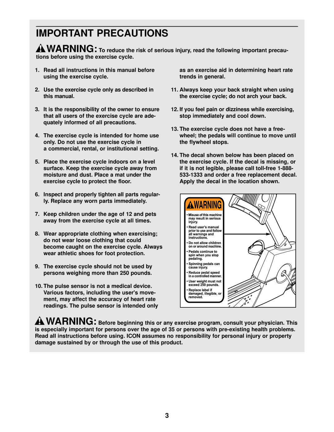 ProForm PFEX38440 user manual Important Precautions 