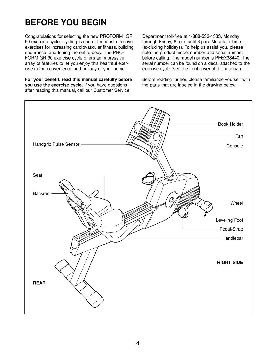 ProForm PFEX38440 user manual Before YOU Begin, Right Side, Rear 