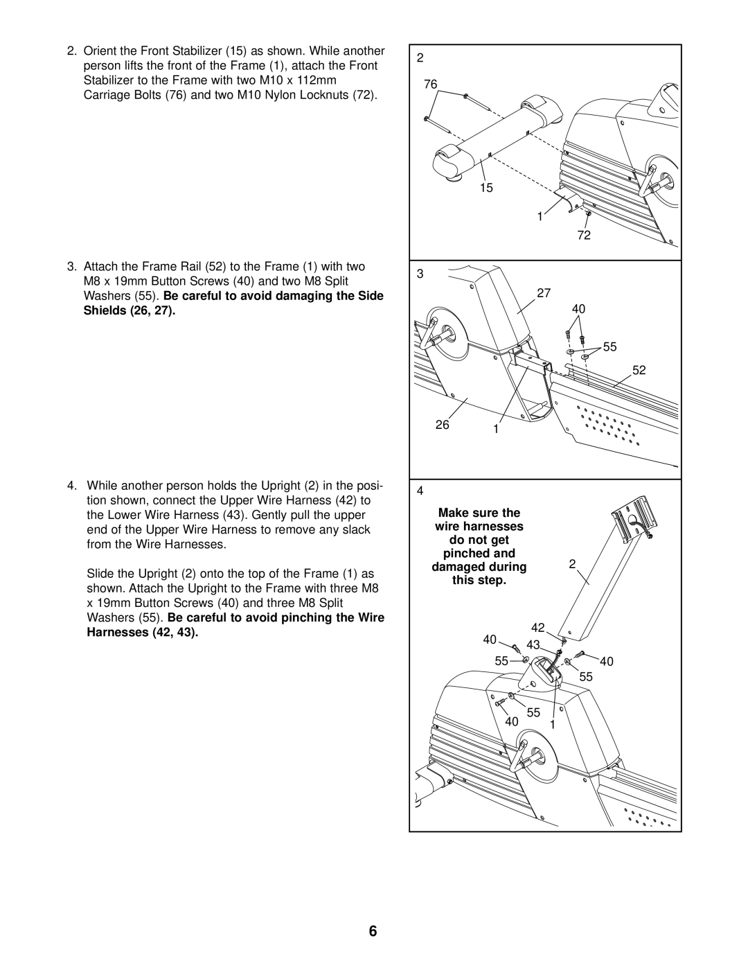 ProForm PFEX38440 user manual Shields 26, Harnesses 42 Make sure Wire harnesses Do not get, This step 