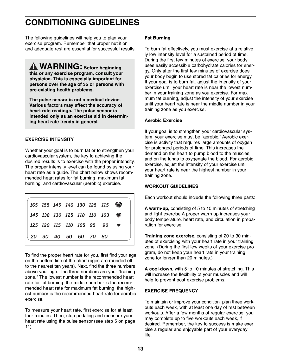 ProForm PFEX38491 user manual Conditioning Guidelines, Exercise Intensity, Workout Guidelines, Exercise Frequency 