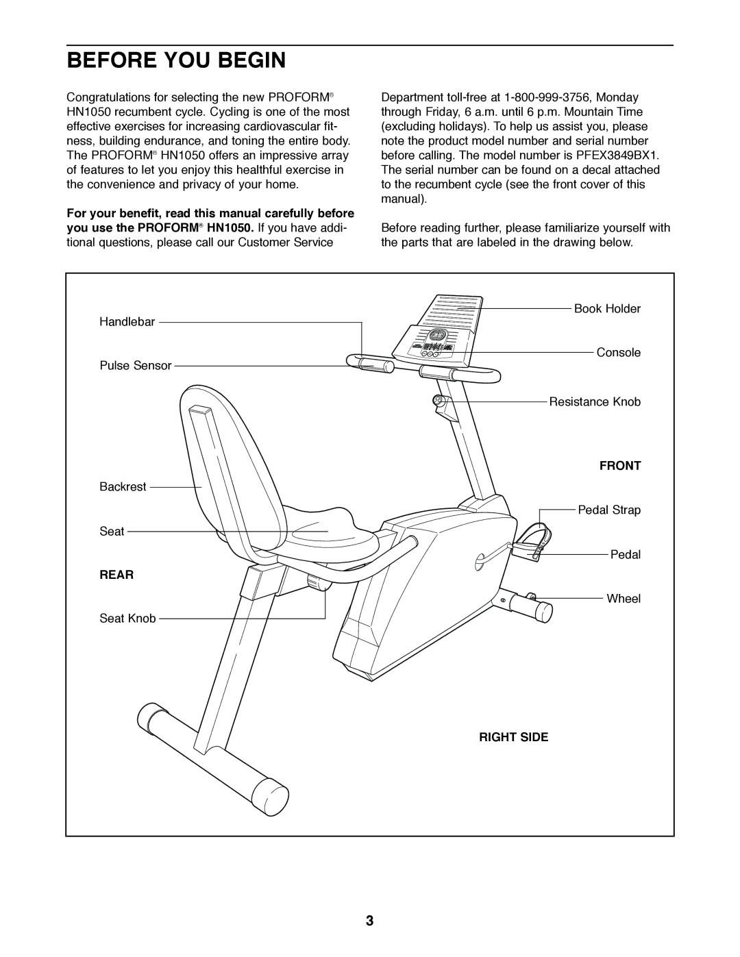 ProForm PFEX3849BX1 user manual Before YOU Begin, Front, Rear, Right Side 