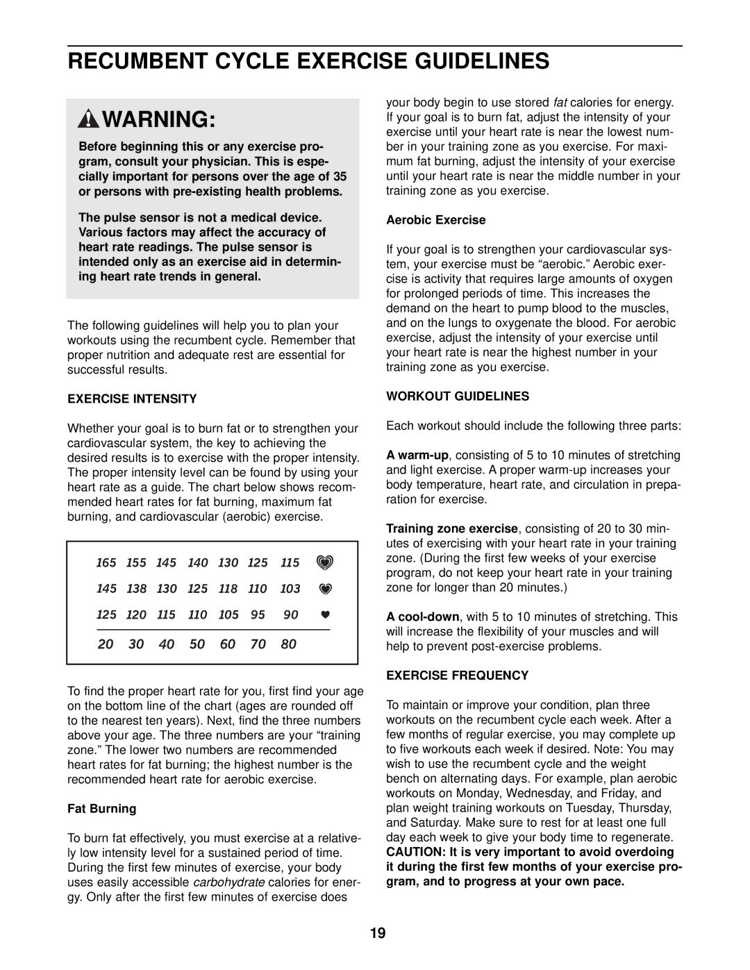 ProForm PFEX39910 Recumbent Cycle Exercise Guidelines, Exercise Intensity, Workout Guidelines, Exercise Frequency 