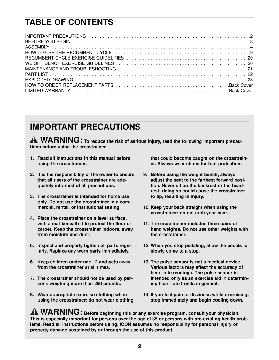 ProForm PFEX39910 user manual Table Of Contents, Important Precautions 