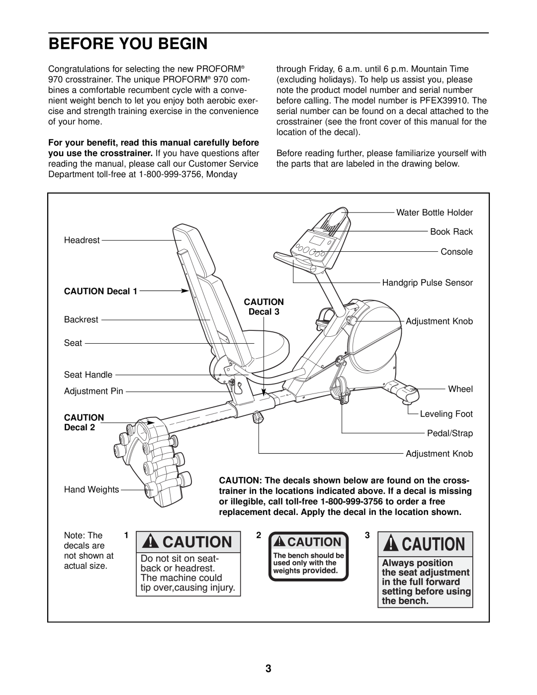 ProForm PFEX39910 user manual Before You Begin, CAUTION Decal, CAUTION The decals shown below are found on the cross 