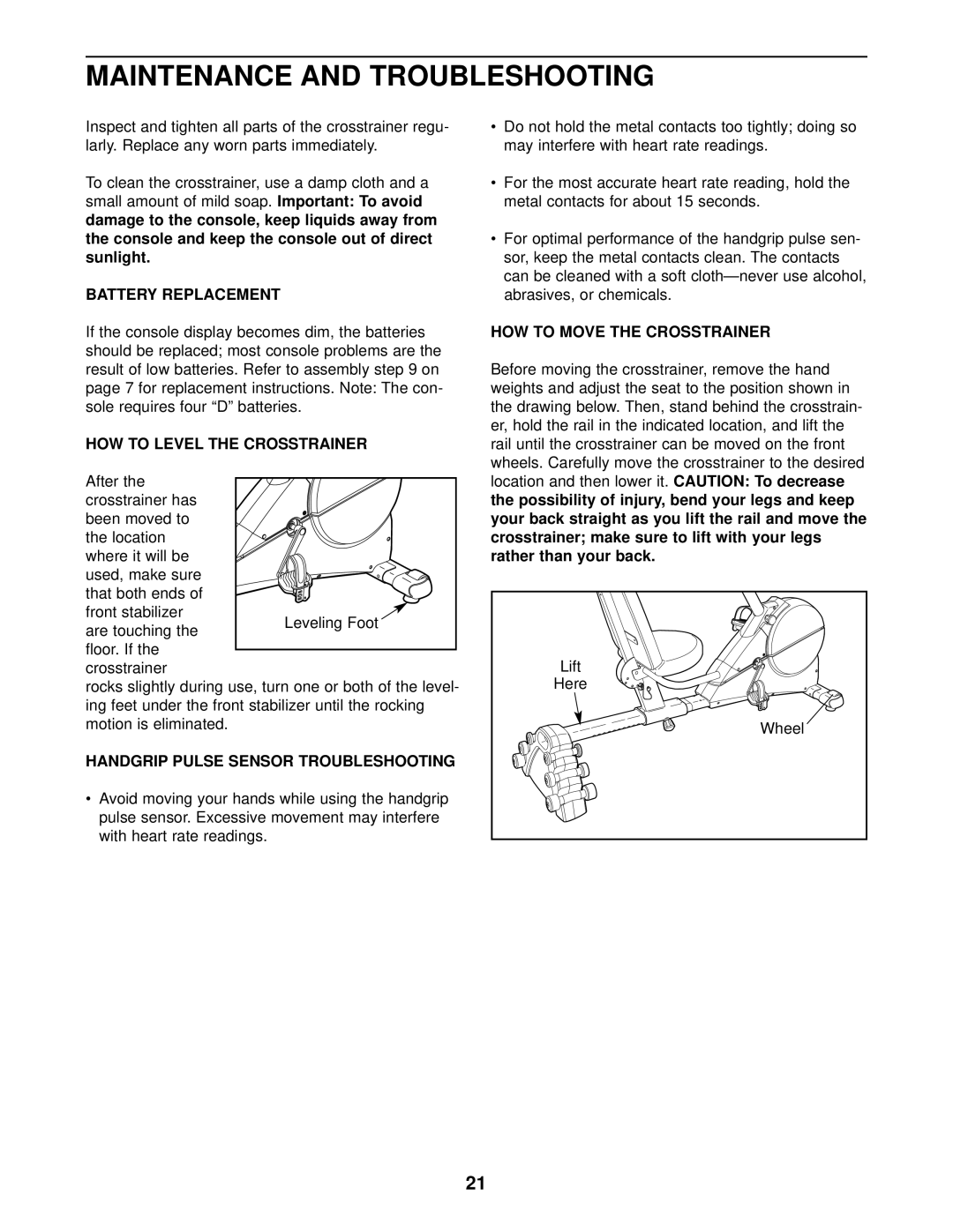 ProForm PFEX39912 user manual Maintenance and Troubleshooting, Battery Replacement, HOW to Level the Crosstrainer 