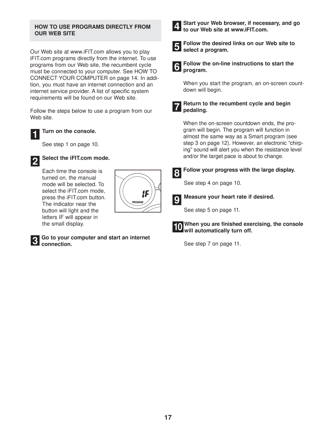 ProForm PFEX39930 HOW to USE Programs Directly from OUR WEB Site, Return to the recumbent cycle and begin Pedaling 