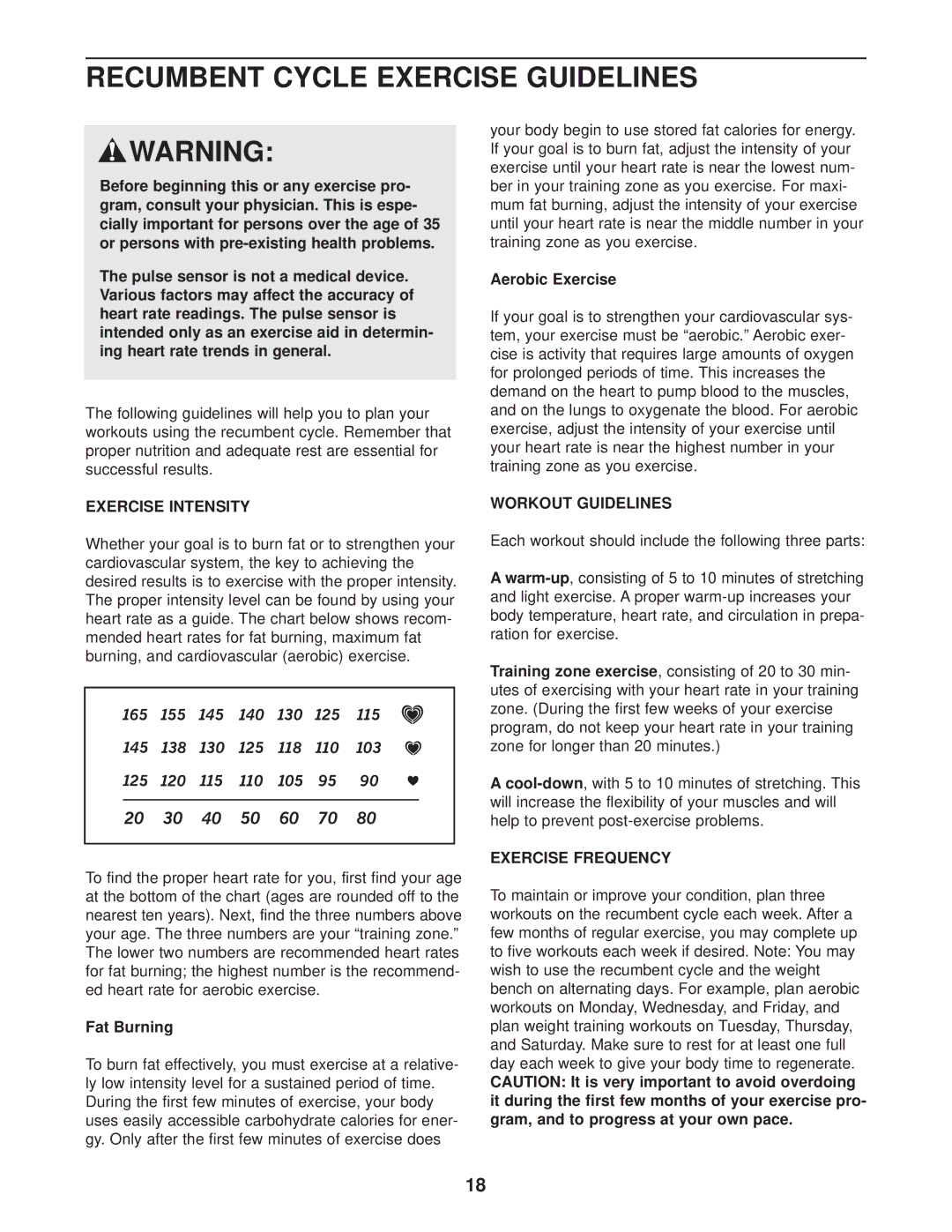 ProForm PFEX39930 Recumbent Cycle Exercise Guidelines, Exercise Intensity, Workout Guidelines, Exercise Frequency 