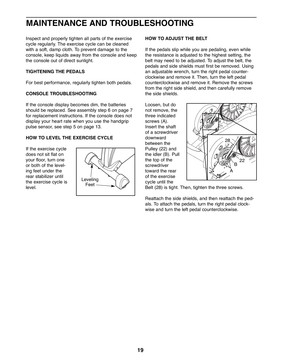 ProForm PFEX44177.0 user manual Maintenance and Troubleshooting, Tightening the Pedals, Console Troubleshooting 