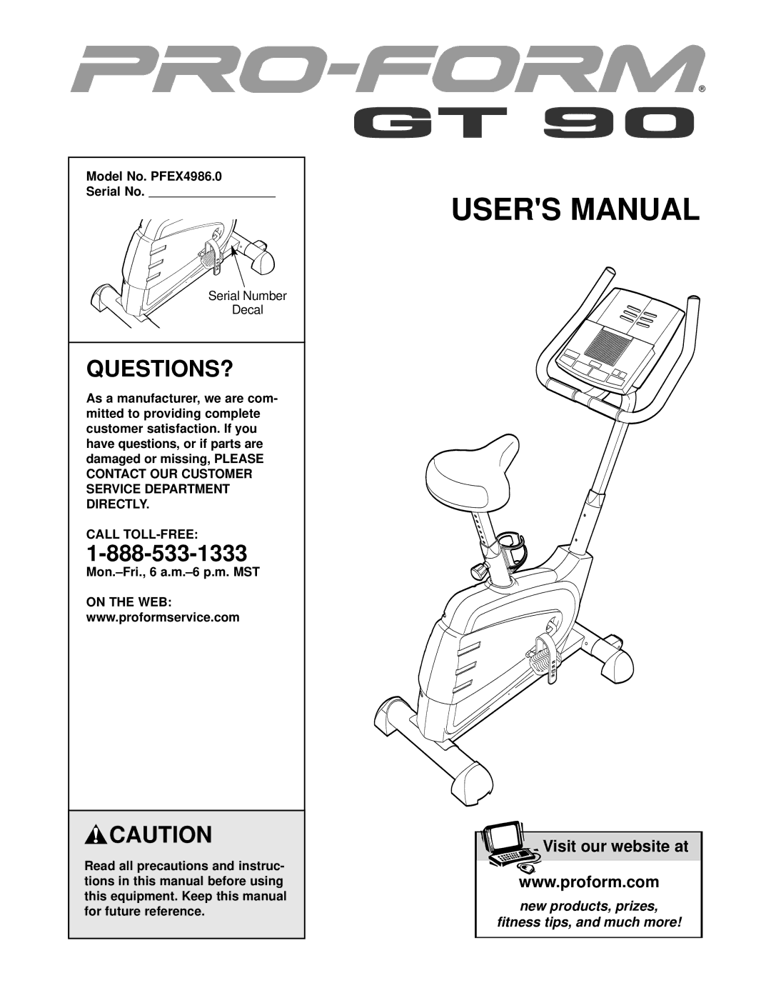 ProForm user manual Questions?, Model No. PFEX4986.0 Serial No, Call TOLL-FREE 