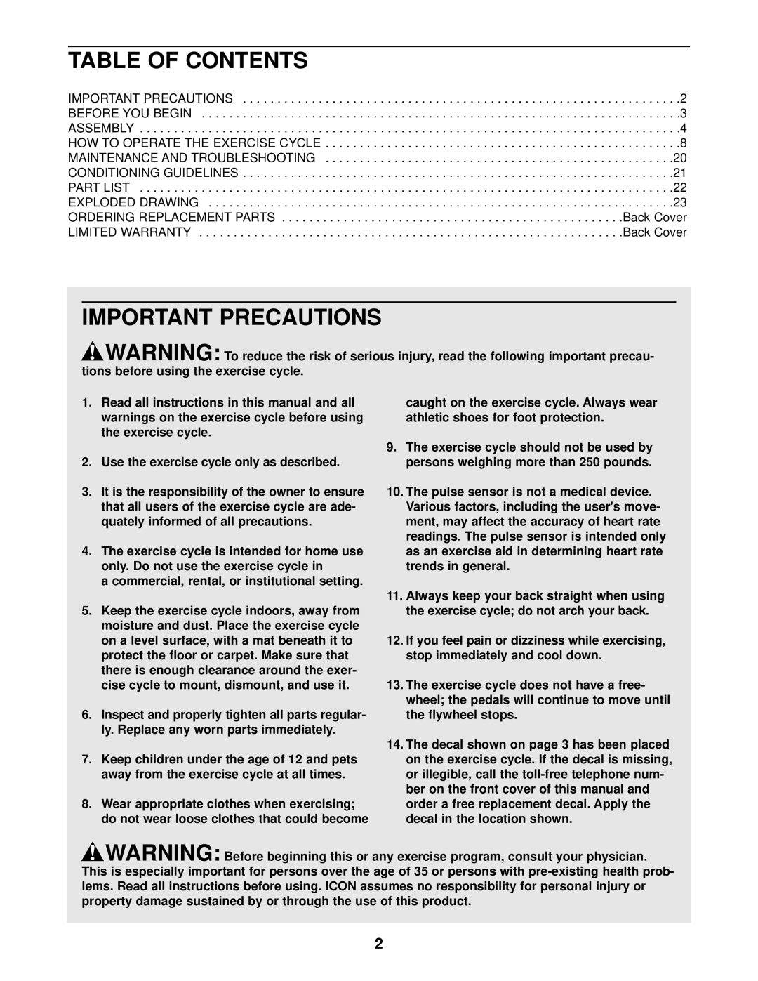 ProForm PFEX4986.0 user manual Table of Contents, Important Precautions 