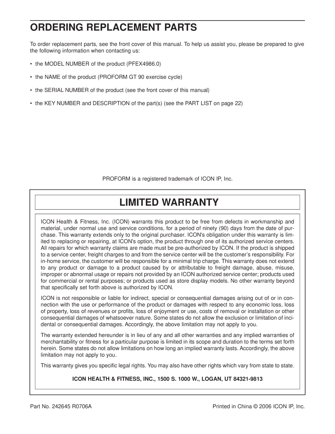 ProForm PFEX4986.0 Ordering Replacement Parts, Limited Warranty, Icon Health & FITNESS, INC., 1500 S W., LOGAN, UT 