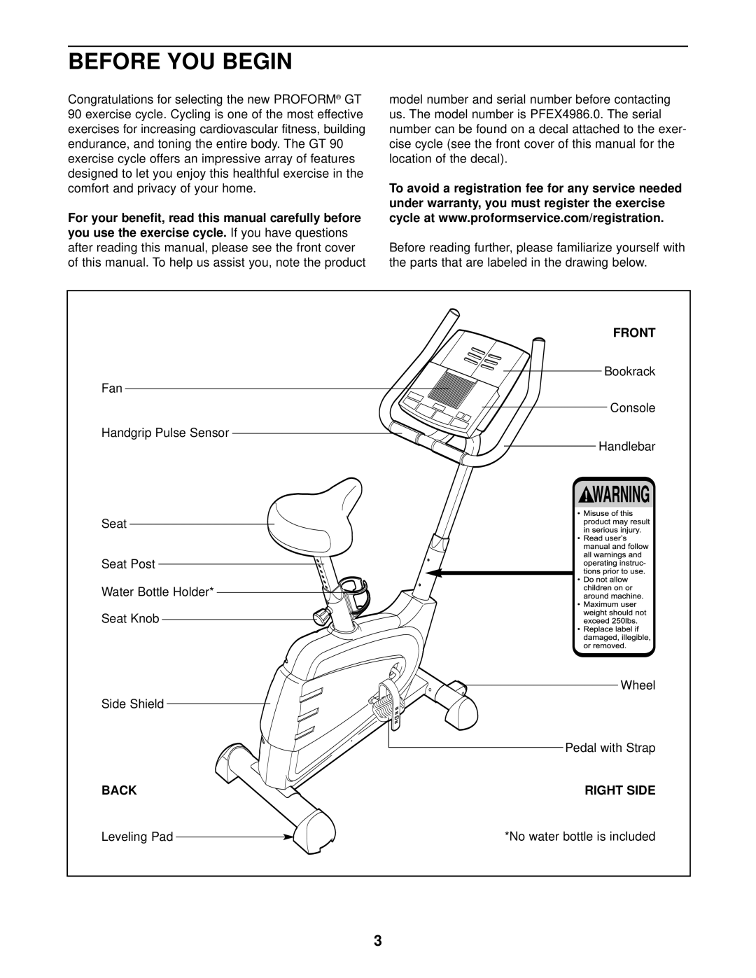 ProForm PFEX4986.0 user manual Before YOU Begin, Front, Back Right Side 