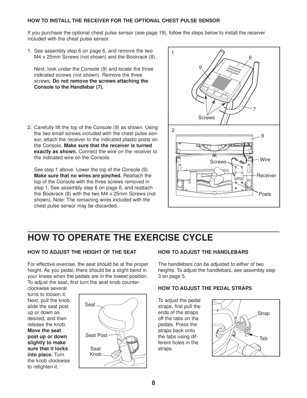 ProForm PFEX4986.0 How To Operate The Exercise Cycle, How To Install The Receiver For The Optional Chest Pulse Sensor 