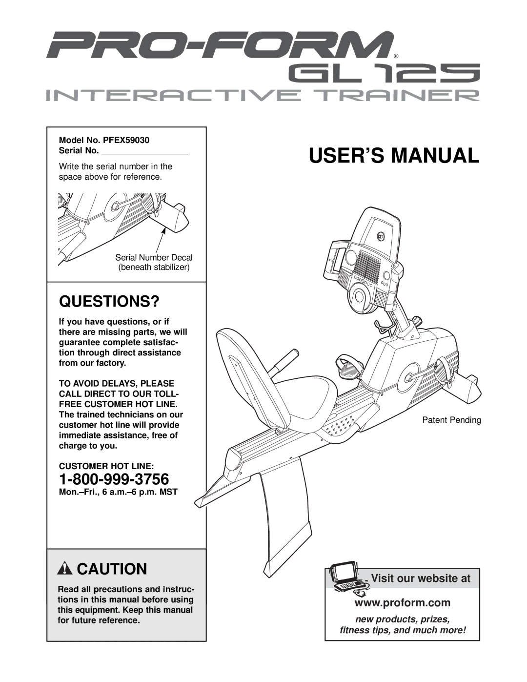 ProForm user manual Questions?, Model No. PFEX59030 Serial No, Customer HOT Line 