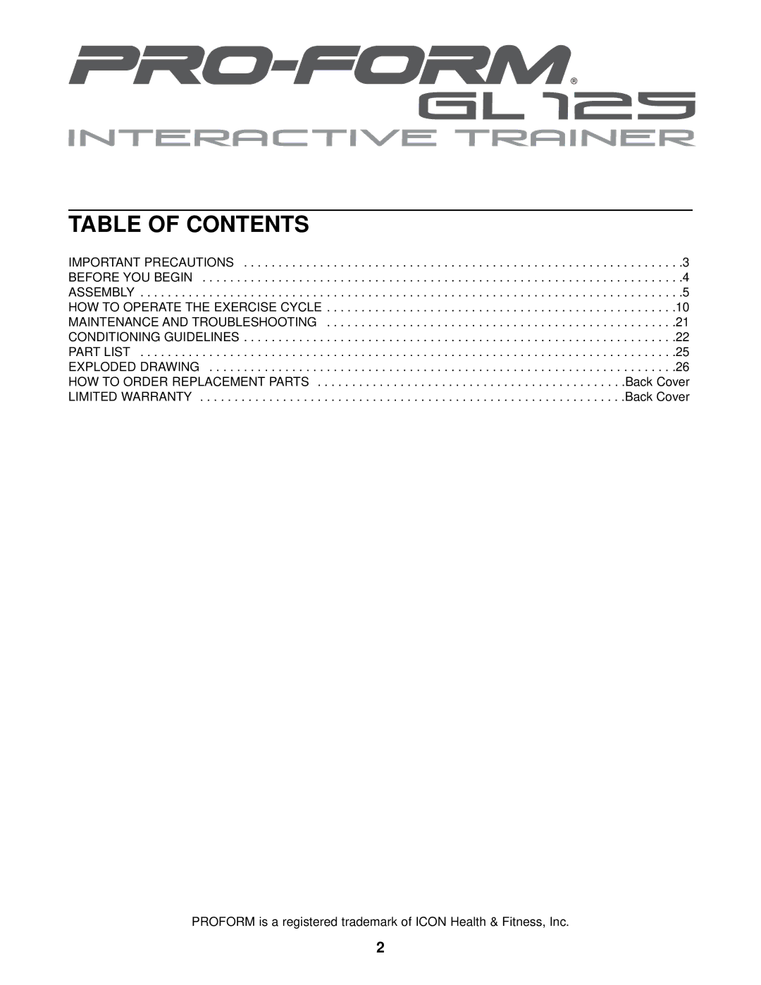 ProForm PFEX59030 user manual Table of Contents 