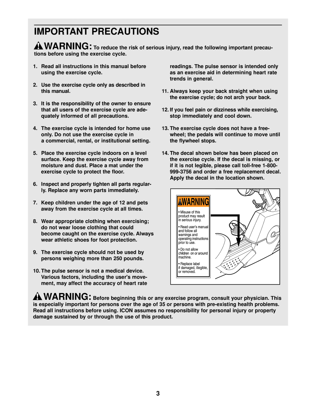 ProForm PFEX59030 user manual Important Precautions 