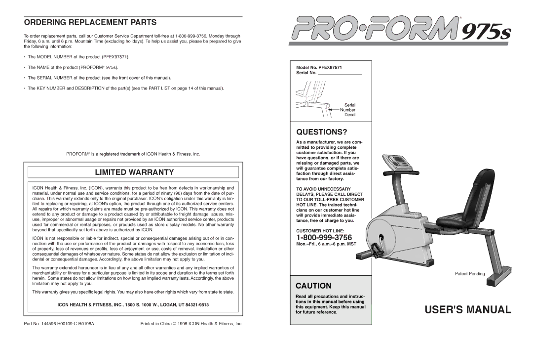 ProForm PFEX97571 user manual Ordering Replacement Parts, Limited Warranty, Questions?, Customer HOT Line 