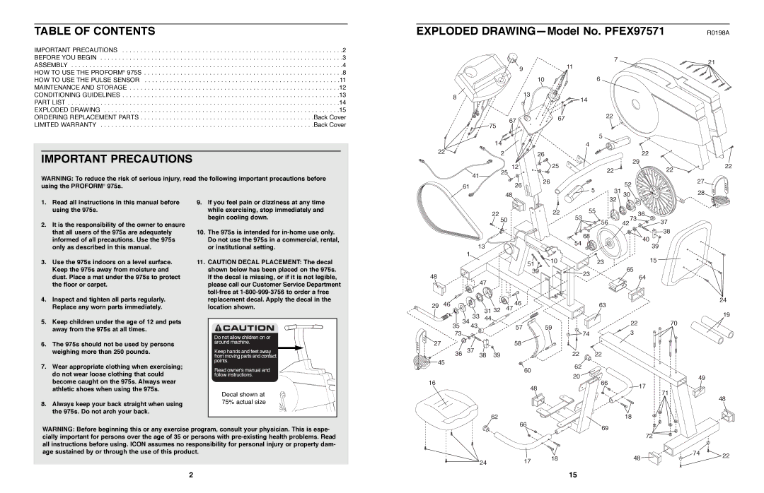 ProForm PFEX97571 user manual Table of Contents, Important Precautions 