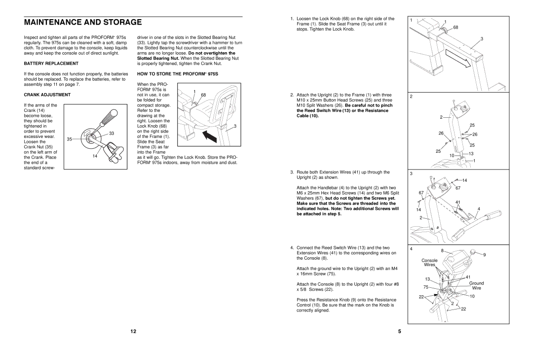 ProForm PFEX97571 Maintenance and Storage, Battery Replacement, Crank Adjustment, HOW to Store the PROFORM¨ 975S 