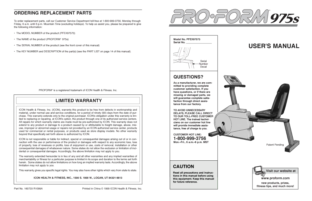 ProForm PFEX97573 user manual Ordering Replacement Parts, Limited Warranty, Questions?, Customer HOT Line 