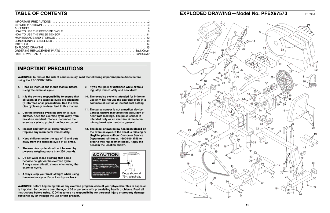 ProForm PFEX97573 user manual Table of Contents, Important Precautions 