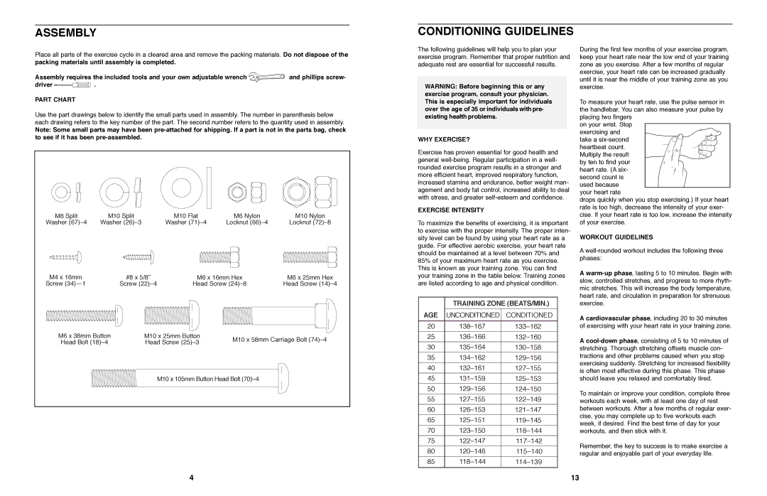 ProForm PFEX97573 user manual Assembly, Conditioning Guidelines 