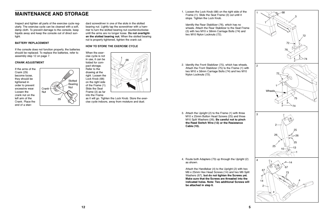 ProForm PFEX97573 Maintenance and Storage, Battery Replacement, Crank Adjustment, HOW to Store the Exercise Cycle 