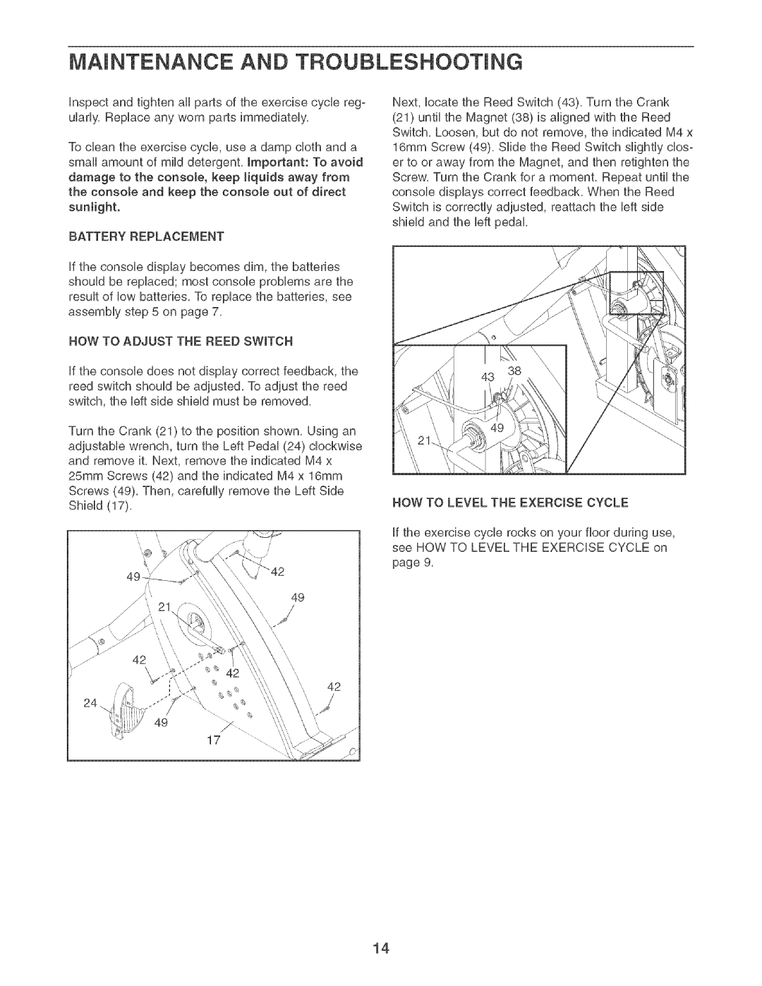 ProForm PFEXF495.0 manual Maintenance and TROUBLESHOOTmNG, Battery Replacement, HOW to Adjust the Reed Switch 