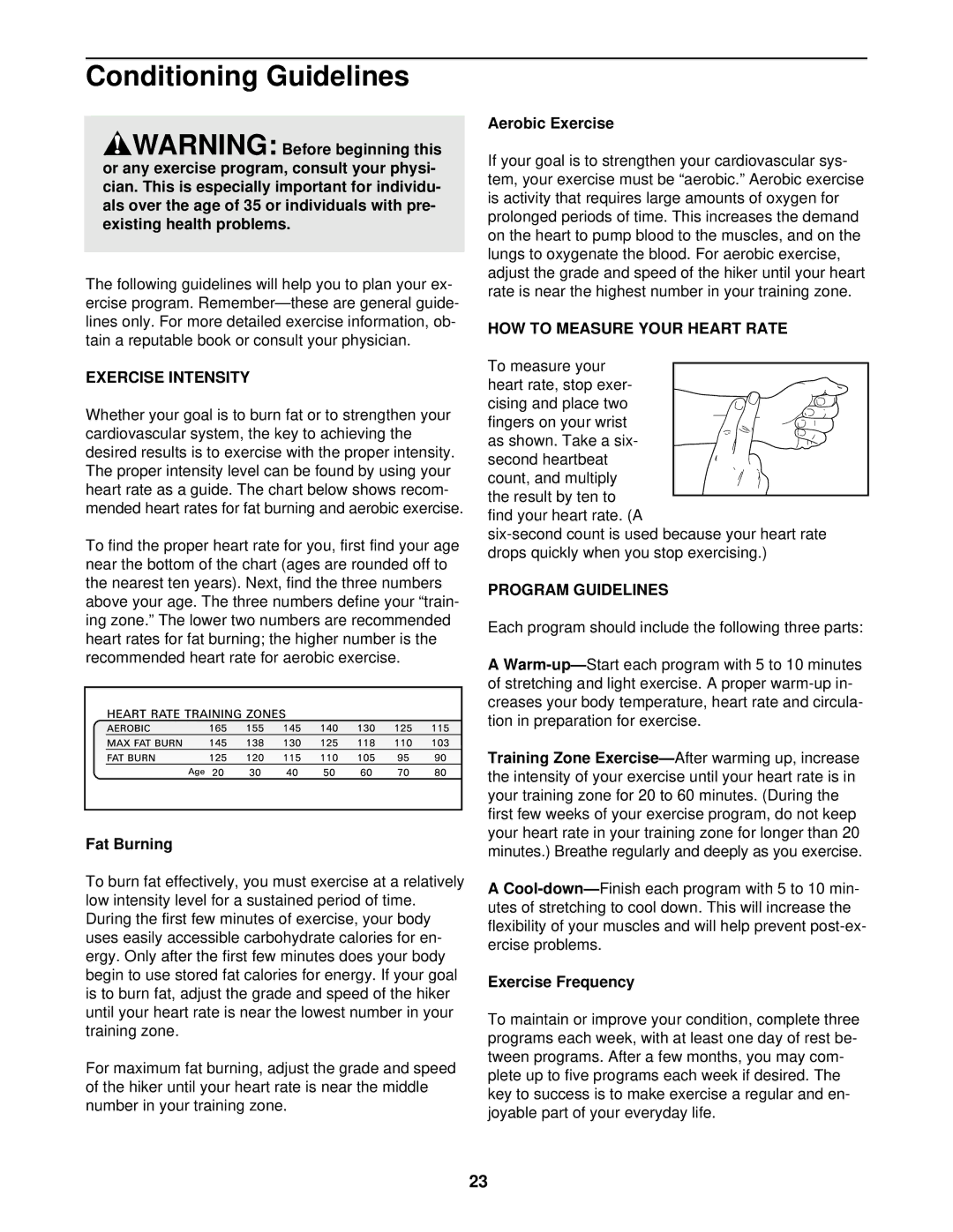 ProForm PFHK99900 Conditioning Guidelines, Exercise Intensity, HOW to Measure Your Heart Rate, Program Guidelines 