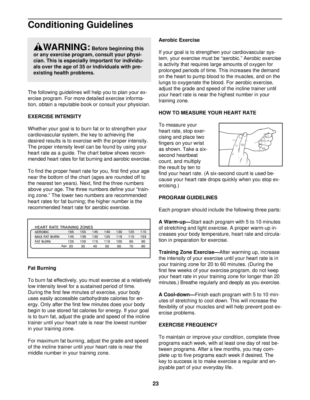 ProForm PFHK99902 Conditioning Guidelines, Exercise Intensity, HOW to Measure Your Heart Rate, Program Guidelines 