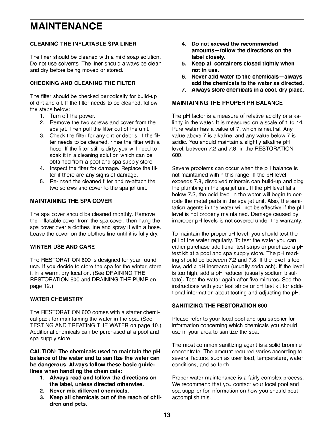 ProForm PFHS60070 user manual Maintenance 