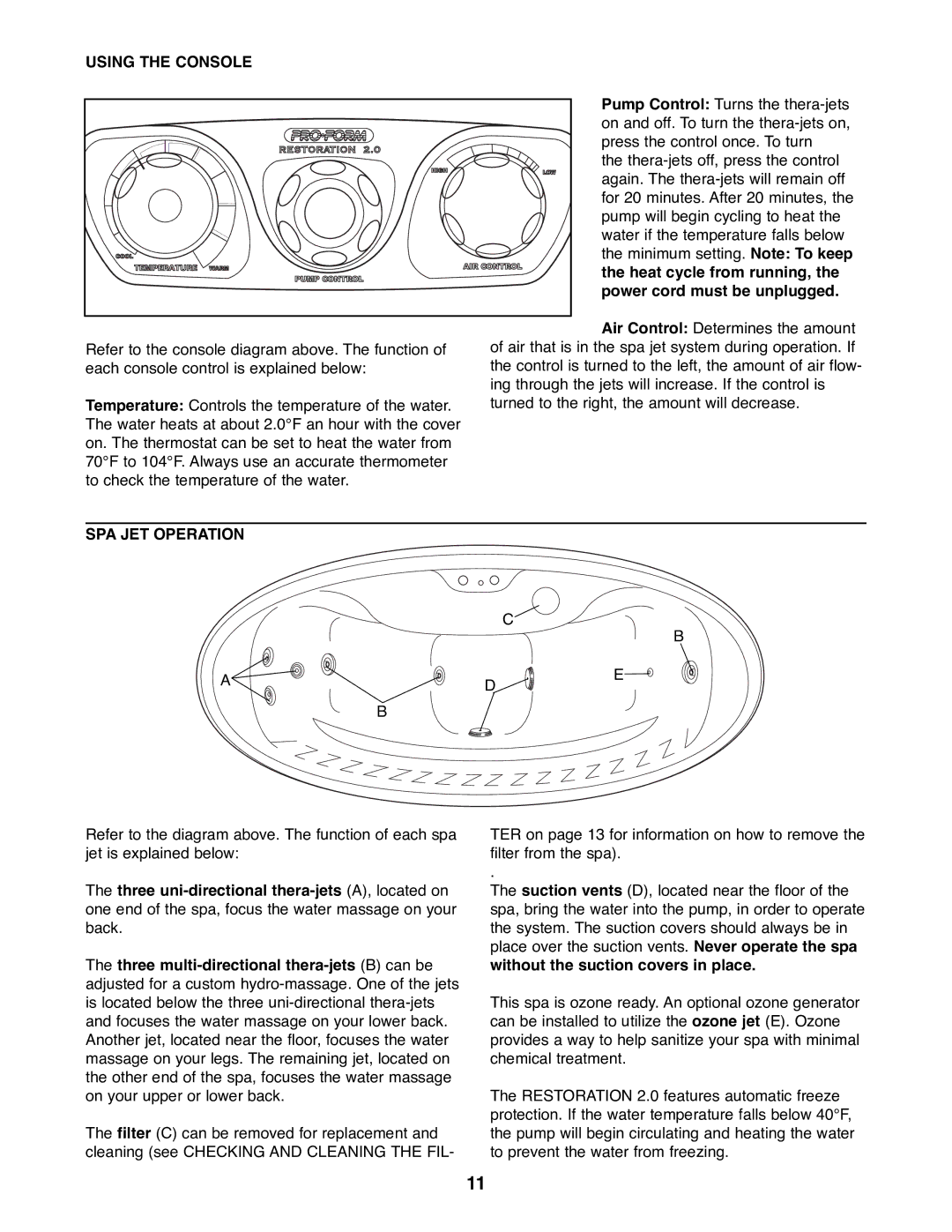 ProForm PFHS70071 manual Using the Console, SPA JET Operation 