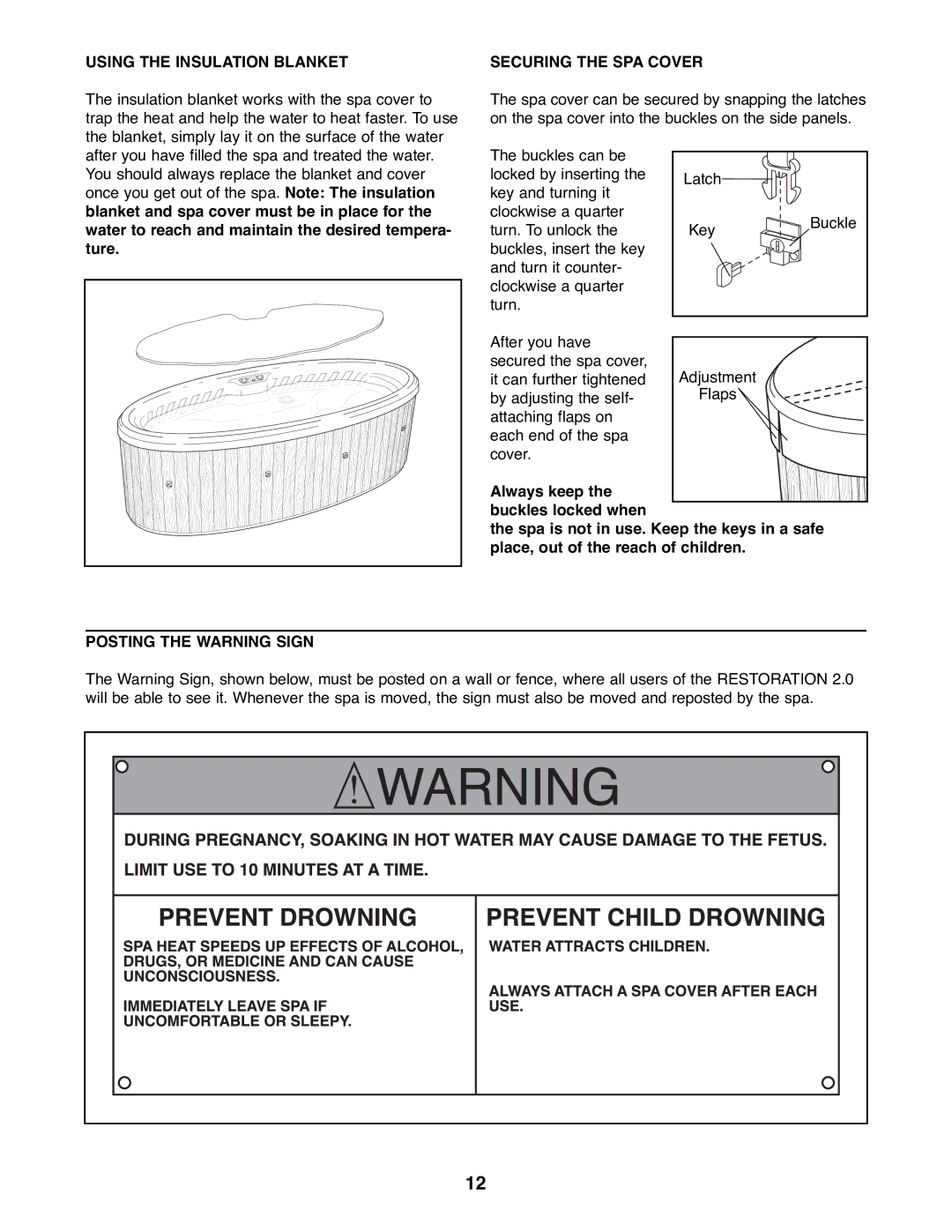 ProForm PFHS70071 manual Using the Insulation Blanket, Securing the SPA Cover, Posting the Warning Sign 