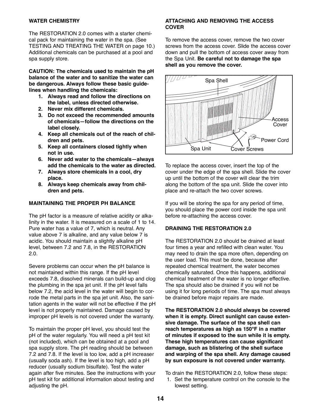 ProForm PFHS70071 manual Water Chemistry, Maintaining the Proper PH Balance, Attaching and Removing the Access Cover 