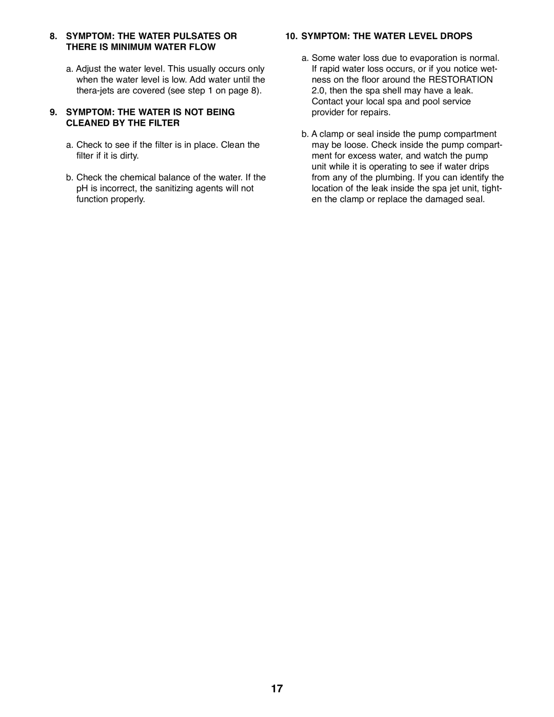 ProForm PFHS70071 manual Symptom the Water Pulsates or There is Minimum Water Flow, Symptom the Water Level Drops 