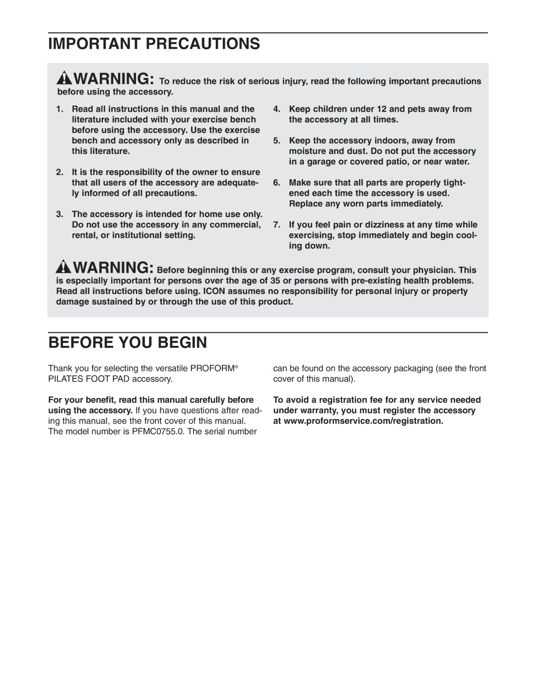 ProForm PFMC0755.0 user manual Important Precautions, Before YOU Begin 