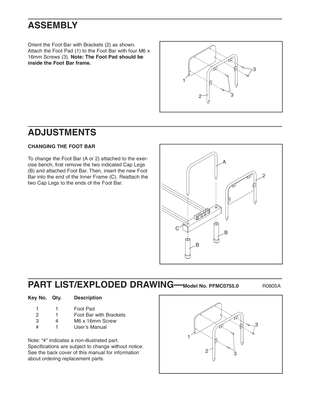 ProForm PFMC0755.0 user manual Assembly, Adjustments, Changing the Foot BAR 