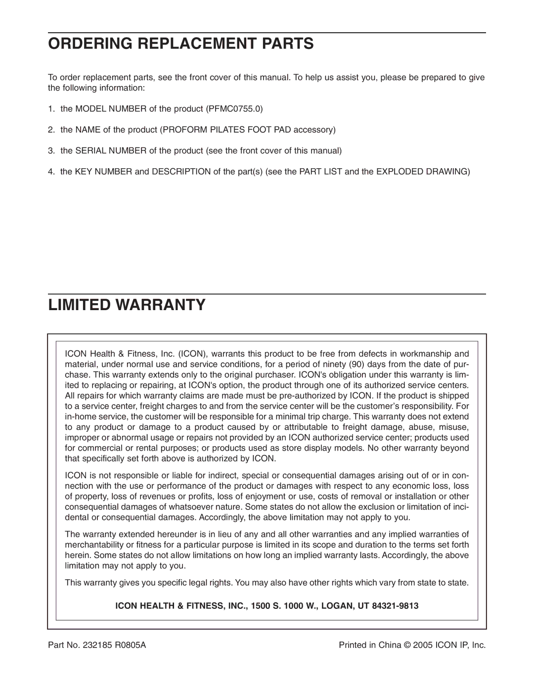 ProForm PFMC0755.0 user manual Ordering Replacement Parts, Limited Warranty 