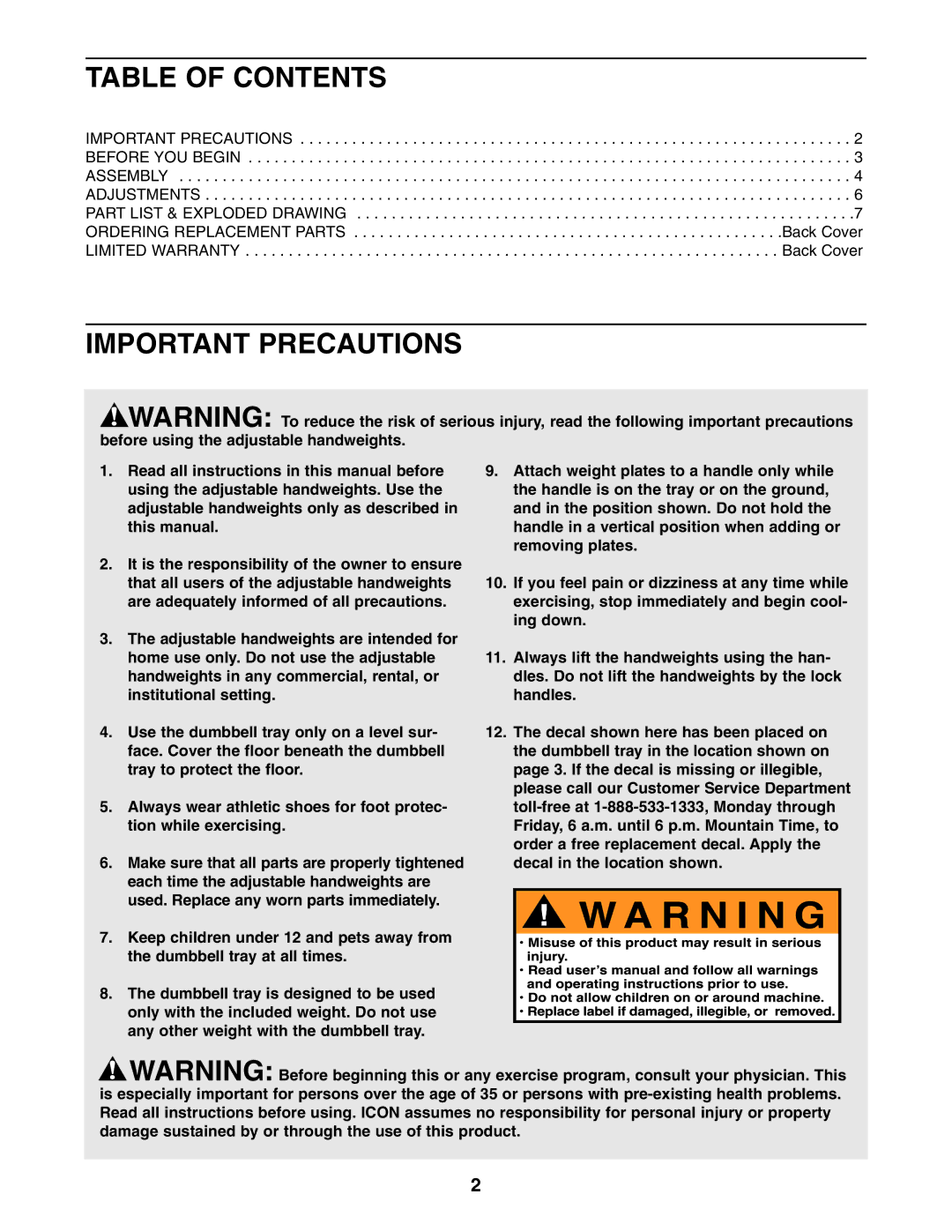 ProForm PFMC12330 user manual Table of Contents, Important Precautions 