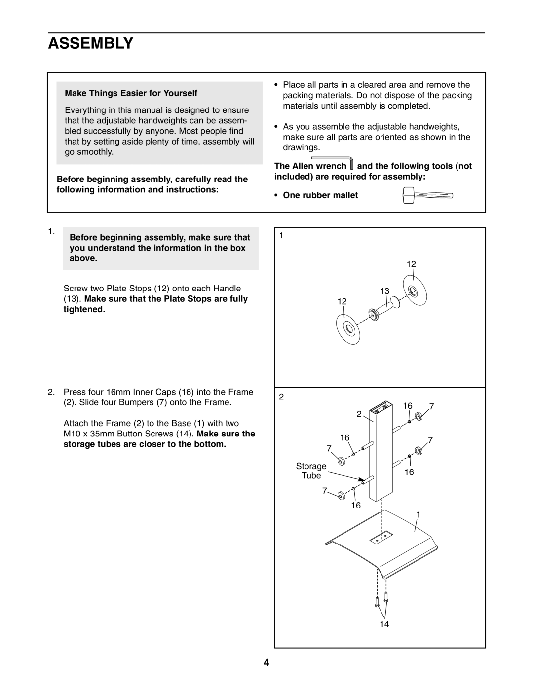 ProForm PFMC12330 user manual Assembly, Make Things Easier for Yourself, Make sure that the Plate Stops are fully tightened 