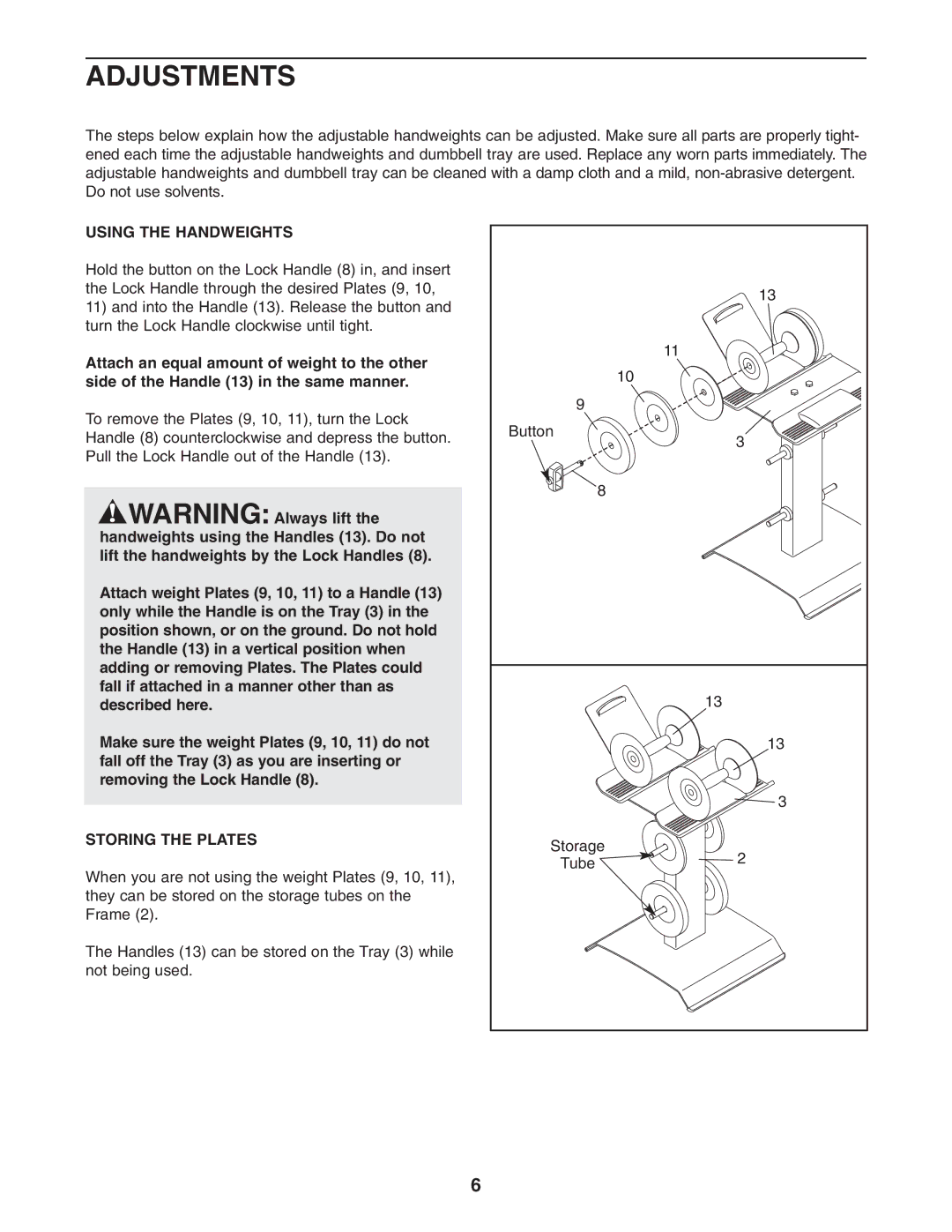 ProForm PFMC12330 user manual Adjustments, Using the Handweights, Storing the Plates 